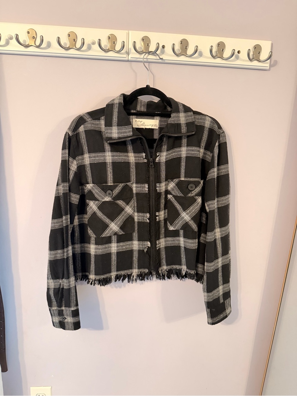 Vintage Havana Black & White Plaid Cropped Jean Jacket